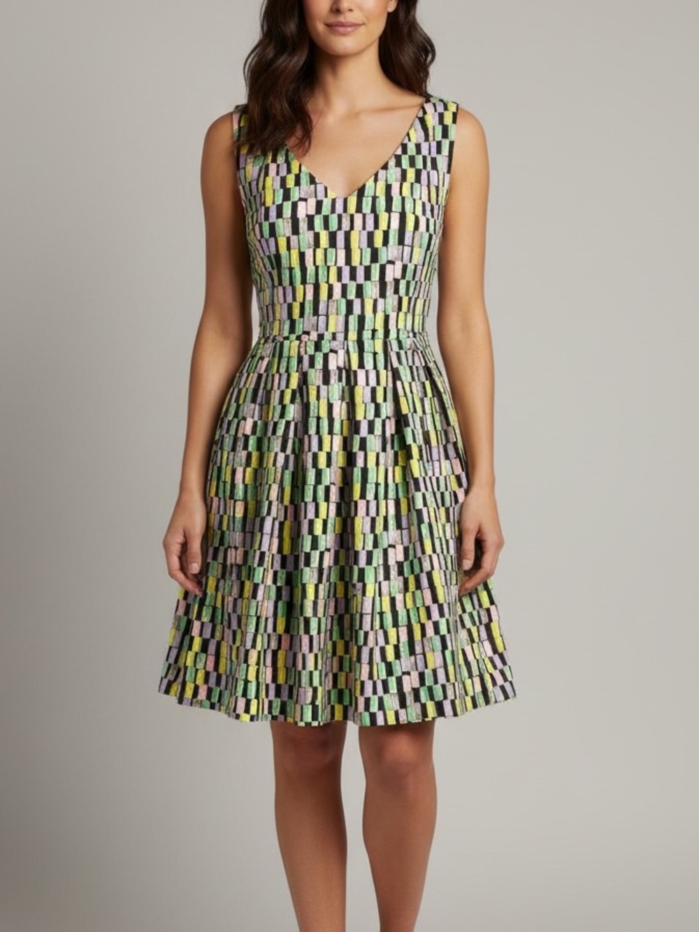 Calvin Klein Yellow Black Pink Patterned V‑Neck Midi Dress